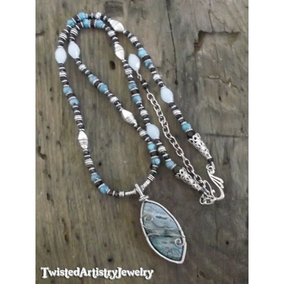 Blue Crazy Lace Agate Wire Wrap Pendant Beaded Necklace One-of-a-Kind Handmade - Picture 4 of 4